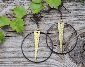 EARRINGS Mixed Metals Black Hoop & Hand Hammered Brass Peach Accent  Native Made BIPOC