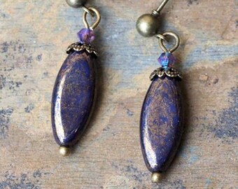Cobalt Purple Native Made Earrings  Petite Dangle Drop Czech Glass and Swarovski Crystal Post or French Hooks BIPOC