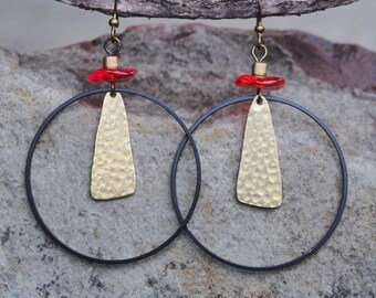 Nature Inspired Cardinal Flower Matte Black Ruby Throated Hummingbird Red & Textured Brass Hoop Dangle Earrings Native Made BIPOC