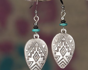 Handmade Silver Tone Earrings Nature Inspired Tribal Dangle Earrings Native Made Turquoise Czech Glass BIPOC Owned