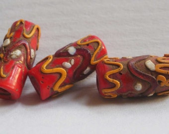Wedding Cake Beads Antique Venetian Fancy Raised Floral Fiorato RED 'African' Trade Bead