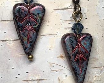 Petite Drop Stylized Rustic HEART Leaf Earrings Czech Glass & Vintage Swarovski Crystal Rose Black Lavender Denim Blue Native Indigenous Biz