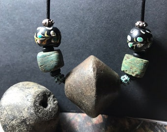 Earthy Rustic Chunky Necklace Antique Spindle Whorl Venetian Fancies Hebron Beads  Native American Indian made BIPOC owned