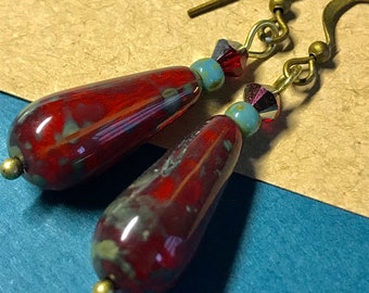 Petite Drop Earrings  'CRANBERRY Marsh'  Red Turquoise Khaki  Green Czech Glass Swarovski Crystal Native Made in Minnesota Indigenous Biz