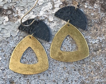 Brass & Textured Matte Black Dangle Rustic Minimalist Earrings  Native Made   BIPOC
