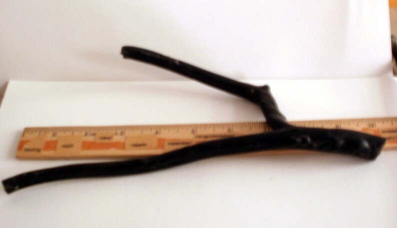 May include: A black wooden branch with a Y-shaped fork, measuring approximately 8 inches in length. The branch is lying on a white surface with a ruler underneath.