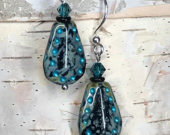 Petite Drop Rustic Earrings Czech Glass & Vintage Swarovski Crystal Black with  Turquoise Blue and Sage Native Made Jewelry Indigenous Biz