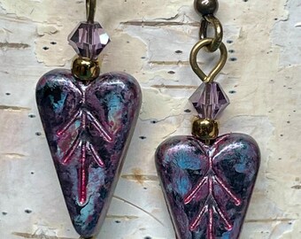 Petite Drop Stylized Rustic HEART Leaf Earrings Czech Glass & Vintage Lavender Swarovski Crystal Pink Rose Blue Black Native Indigenous Biz