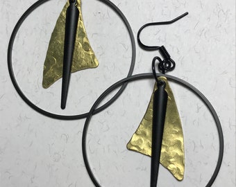 Swallowtail Layered Mixed Metals Hoop & Wing Hand Hammered Brass and Black Butterfly Earrings Nature Inspired Native Made BIPOC