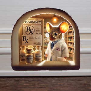 Puede incluir: Un pequeño ratón con una bata blanca de laboratorio y gafas se encuentra en una farmacia en miniatura. El ratón sostiene un frasco de receta. La farmacia tiene un letrero que dice "Farmacia" y "Rx" con un precio de 3,20 €. Hay varios frascos pequeños en un estante etiquetados como "Pharma", "Farmacia" y "Receta".
