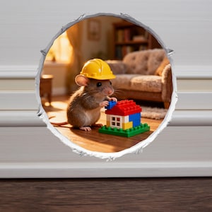 May include: A brown mouse wearing a yellow hard hat constructs a toy house from colourful building blocks. The house features a red roof, blue and white walls, and a green base. The scene is framed by a hole in a white surface.