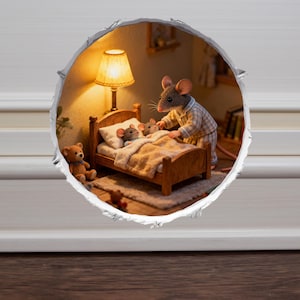 May include: A whimsical diorama scene of a mouse family in a bedroom setting. The scene is viewed through a circular opening. A parent mouse in pajamas tucks in two children in a wooden bed. A teddy bear sits on the floor near the bed.