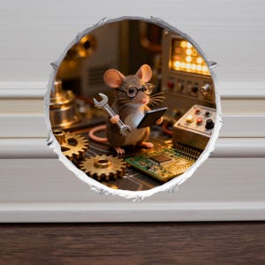 May include: A curious mouse wearing glasses and holding a wrench and tablet, surrounded by gears and circuit boards. The mouse appears to be working on a complex machine, with a control panel in the background.