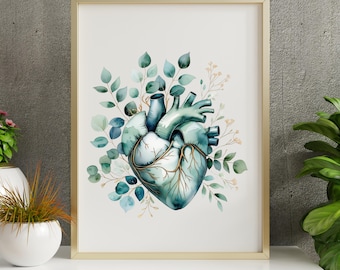 Akvarell apoteks- och läkarmottagningsväggkonst - Stetoskop, anatomiskt hjärta, pillerflaska - Botanisk medicinsk posterset - Digital nedladdning