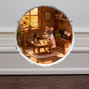 May include: A miniature scene of a mouse in a white lab coat stirring a bowl on a small wooden table. The mouse is in a cozy, sunlit room with essential oil bottles and a vase of flowers. A candle burns nearby.