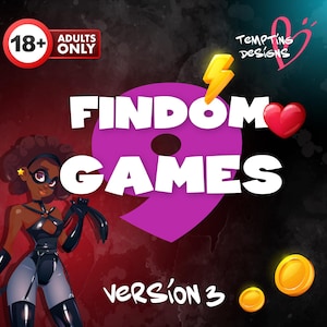 May include: An illustration with the text "FINDOM GAMES" in white letters over a large purple number 9. A cartoon woman in a black outfit is featured. The image includes a red heart, a yellow lightning bolt, and gold coins.