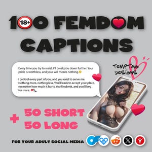Puede incluir: Imagen con el texto "100 FEMDOM CAPTIONS" y "50 SHORT 50 LONG" en negro y rosa. Un smartphone muestra una ilustración digital de una mujer. La imagen también incluye el texto "FOR YOUR ADULT SOCIAL MEDIA".
