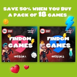 May include: An advertisement for a pack of 18 adult games. The image features two game versions, each with a stylized illustration of a woman, the text "FINDOM GAMES", and a large number 9. The background is green.