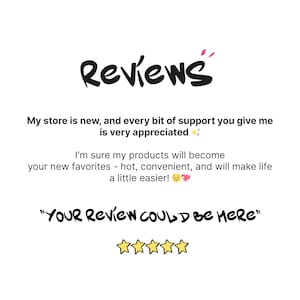 May include: White background with the word "Reviews" in black cursive script. Text below states the store is new and appreciates support. The phrase "YOUR REVIEW COULD BE HERE" is written below a row of five gold stars.