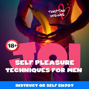 Puede incluir: Un gráfico rosa y azul con el texto "JOI" en letras grandes. El texto "SELF PLEASURE TECHNIQUES FOR MEN" está debajo de las letras. El texto "INSTRUCT OR SELF ENJOY" está en la parte inferior del gráfico. Hay un plátano amarillo en el fondo y un círculo rojo con el número 18+ en la esquina superior izquierda.