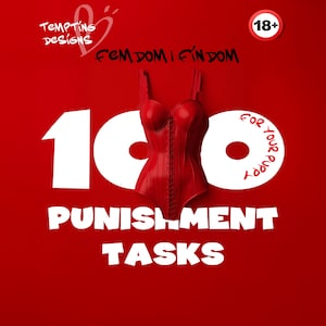 Puede incluir: Un corsé rojo con cordones frontales sobre un fondo rojo. La imagen incluye el texto "100 PUNISHMENT TASKS" en blanco, junto con las palabras "FOR YOUR PUPPY" dispuestas en círculo.