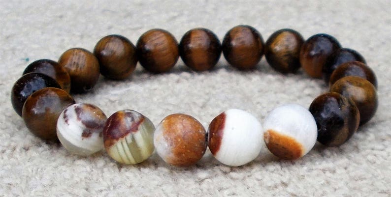 TIGEREYE and ITALIAN ONYX Genuine Gemstone Mens or Womens Stretch Bracelet Decision Making Good Luck Bracelet