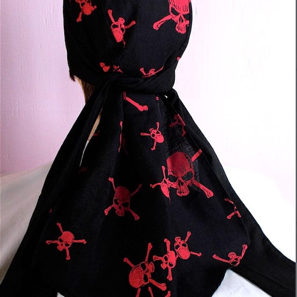 RED SKULL On BLACK Cotton Durag: XLong Tie, Chemo Biker Headwear