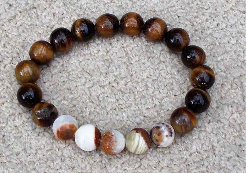 TIGEREYE and ITALIAN ONYX Genuine Gemstone Mens or Womens Stretch Bracelet Decision Making Good Luck Bracelet
