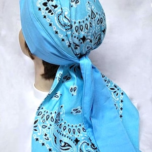 Light Blue Bandana Cotton Durag: Terry Cloth Sweatband, Long Neck Flap EXTRA LONG DOORAG