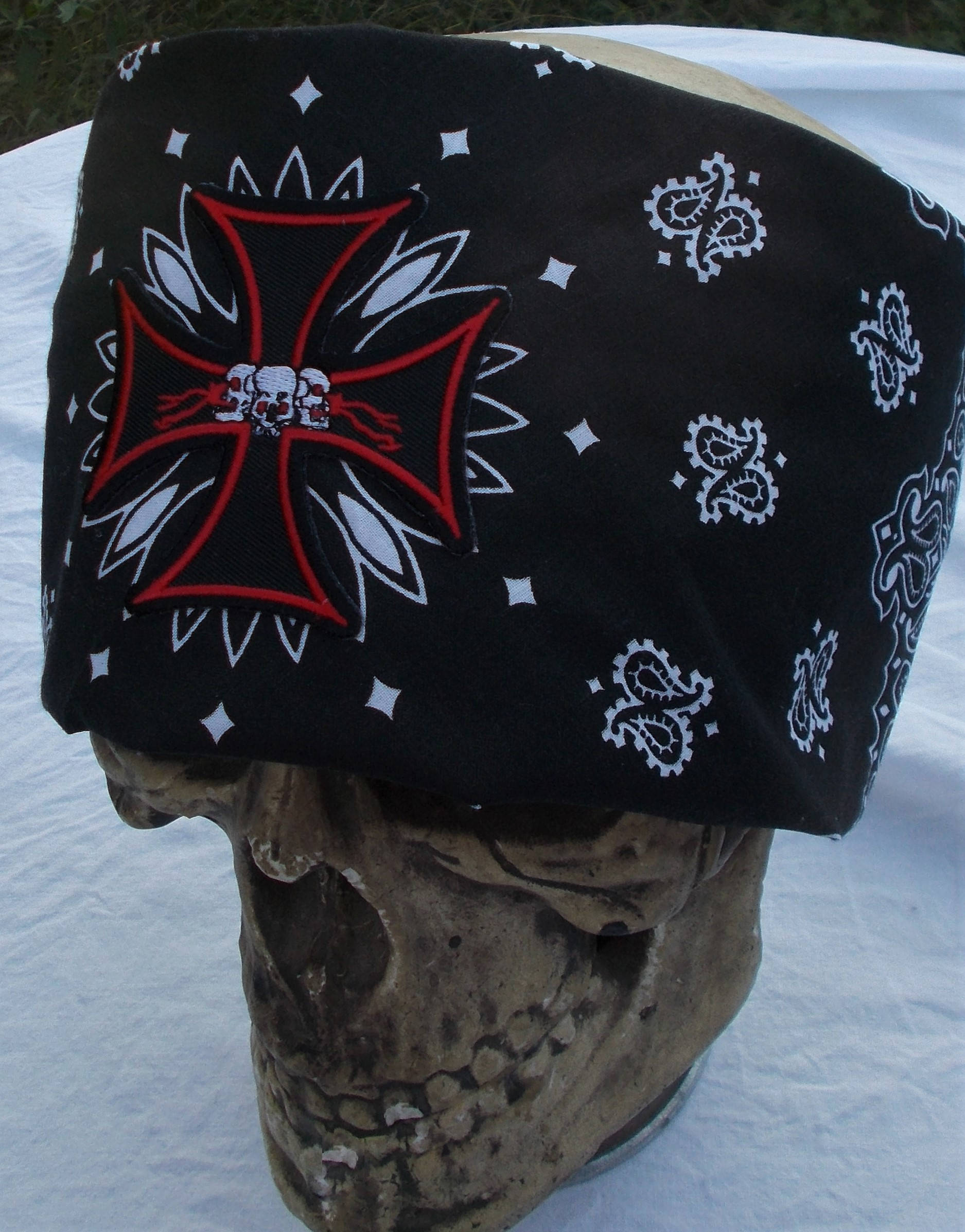 BLACK COTTON Biker Skull CROSS Patch Mens Bandana Biker Etsy