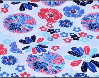 Handmade Floral 26'' Cotton Bandana: Light Blue with Red Coral Flowers
