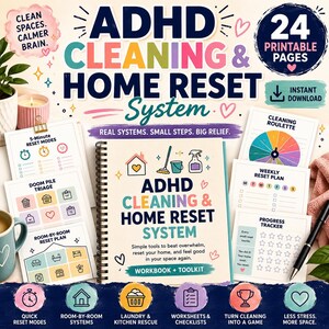 May include: A spiral-bound ADHD Cleaning & Home Reset System workbook with 24 printable pages. The cover features colorful text, icons of a house, broom, bucket, and spray bottle. Includes worksheets for cleaning roulette, weekly plans, and progress trackers.