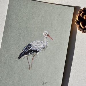 Peinture originale oiseau cigogne blanche
