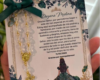 Quinceañera Favors 12pc: Personalized Prayer Card with Rosary, Floral Green Dress Quinceanera party favors, Recuerdos de Mis XV, Regalos