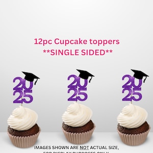 2025 Graduation Cupcake toppers, 2025 grad party college high school party decoration class of 2025 (12 per order), Glitter cupcake picks