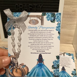 Cadeaux personnalisés pour carte de prière de Quinceañera avec chapelet - Bleu sarcelle