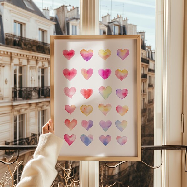 Watercolor Gradient Hearts Print, Romantic Wall Art (Digital Download)