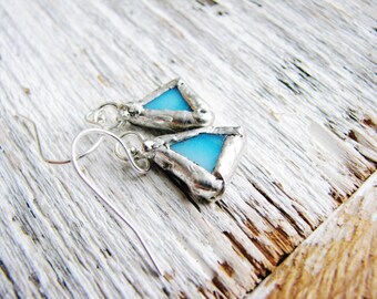 Pale Blue Glass Earrings, Stained Glass Earrings, Soldered Earrings, Silver Earrings, Rustic Glass Earrings, Minimalist Earrings