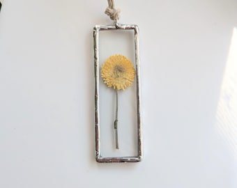 Framed Yellow Flower Ornament, Christmas Tree Ornament, Soldered Glass Ornament, Flower Art, Dried Flower Art, Soldered Glass Wall Art
