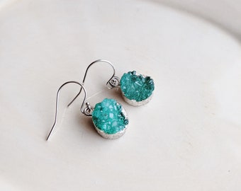Green Druzy Earrings, Silver Earrings, Stone Earrings, Minimalist Earrings, Geology Jewelry, Naturalist Earrings