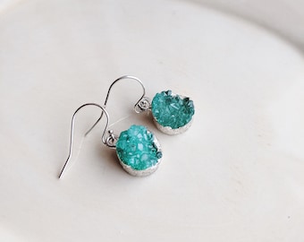 Green Druzy Earrings, Silver Earrings, Stone Earrings, Minimalist Earrings, Geology Jewelry, Naturalist Earrings