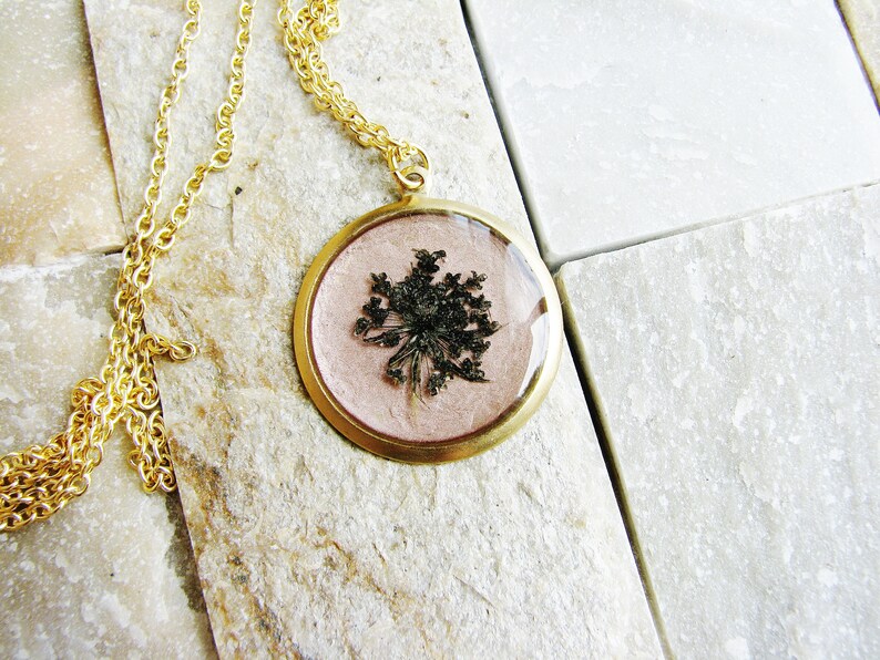 Pressed Flower Jewelry, Black Queen Anne's Lace Necklace, Pressed Flowers Necklace, Rose Gold Jewelry, Resin Jewelry image 4