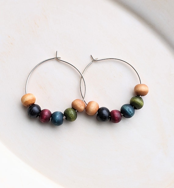 Wood Bead Hoop Earrings, Colorful Bead Earrings, Wood Earrings