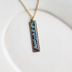 Faux Dichroic Glass Bar Necklace, Colorful Resin Jewelry, Polymer Clay Jewelry, Blue Purple Rainbow Necklace, Gold Flake Necklace image 2