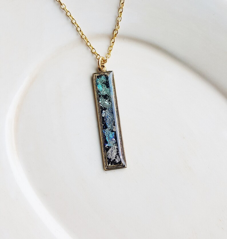 Faux Dichroic Glass Bar Necklace, Colorful Resin Jewelry, Polymer Clay Jewelry, Blue Purple Rainbow Necklace, Gold Flake Necklace image 2