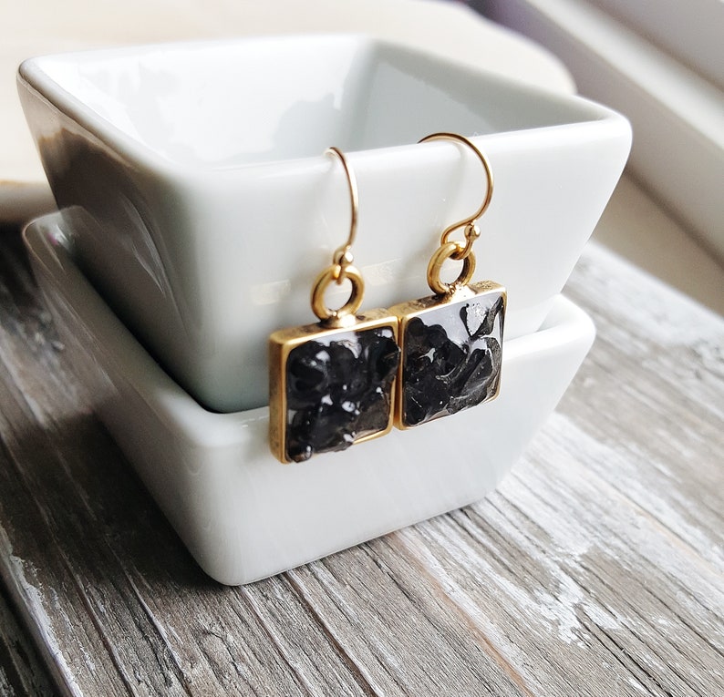 Smokey Glass Chip Earrings, Smoky Black Earrings, Geometric Earrings, Glass Earrings, Delicate Gold Earrings, Minimalist Earrings image 2