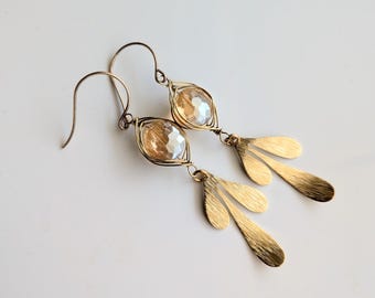 Brass Wire Herringbone Earrings, Champagne Faceted Round Bead Earrings, Long Dangle Earrings, Statement Earrings, Gold Drop Earrings