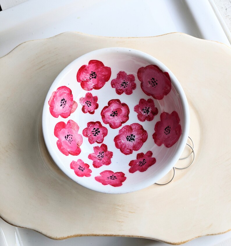 Hand Painted Red-Pink Flowers Ring Dish, Art Ring Dish, Hand Painted Jewelry Storage, Nature Ring Dish image 2