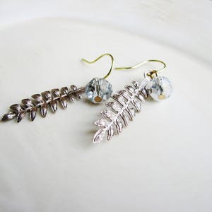 Fern Leaf Earrings, Metal Filigree Earrings, Leaf Earrings, Silver Crystal Earrings, Minimalist Nature Jewelry