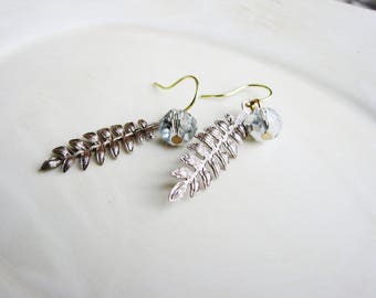 Fern Leaf Earrings, Metal Filigree Earrings, Leaf Earrings, Silver Crystal Earrings, Minimalist Nature Jewelry